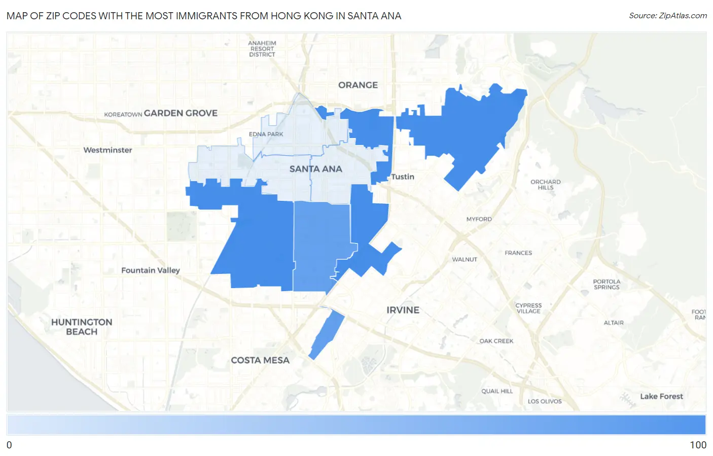 Zip Codes with the Most Immigrants from Hong Kong in Santa Ana Map