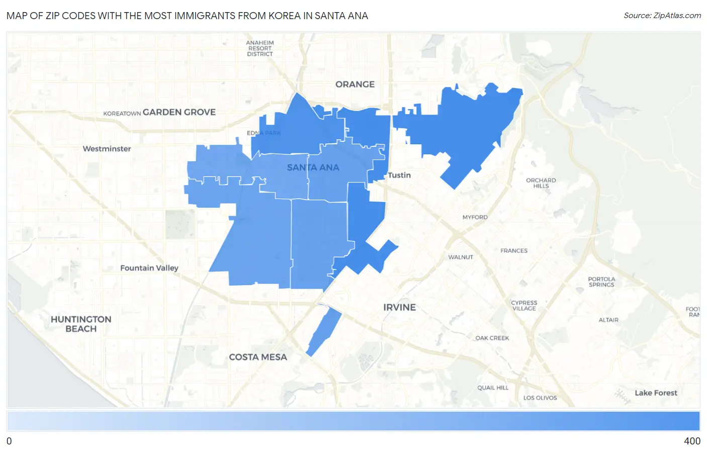 Zip Codes with the Most Immigrants from Korea in Santa Ana Map