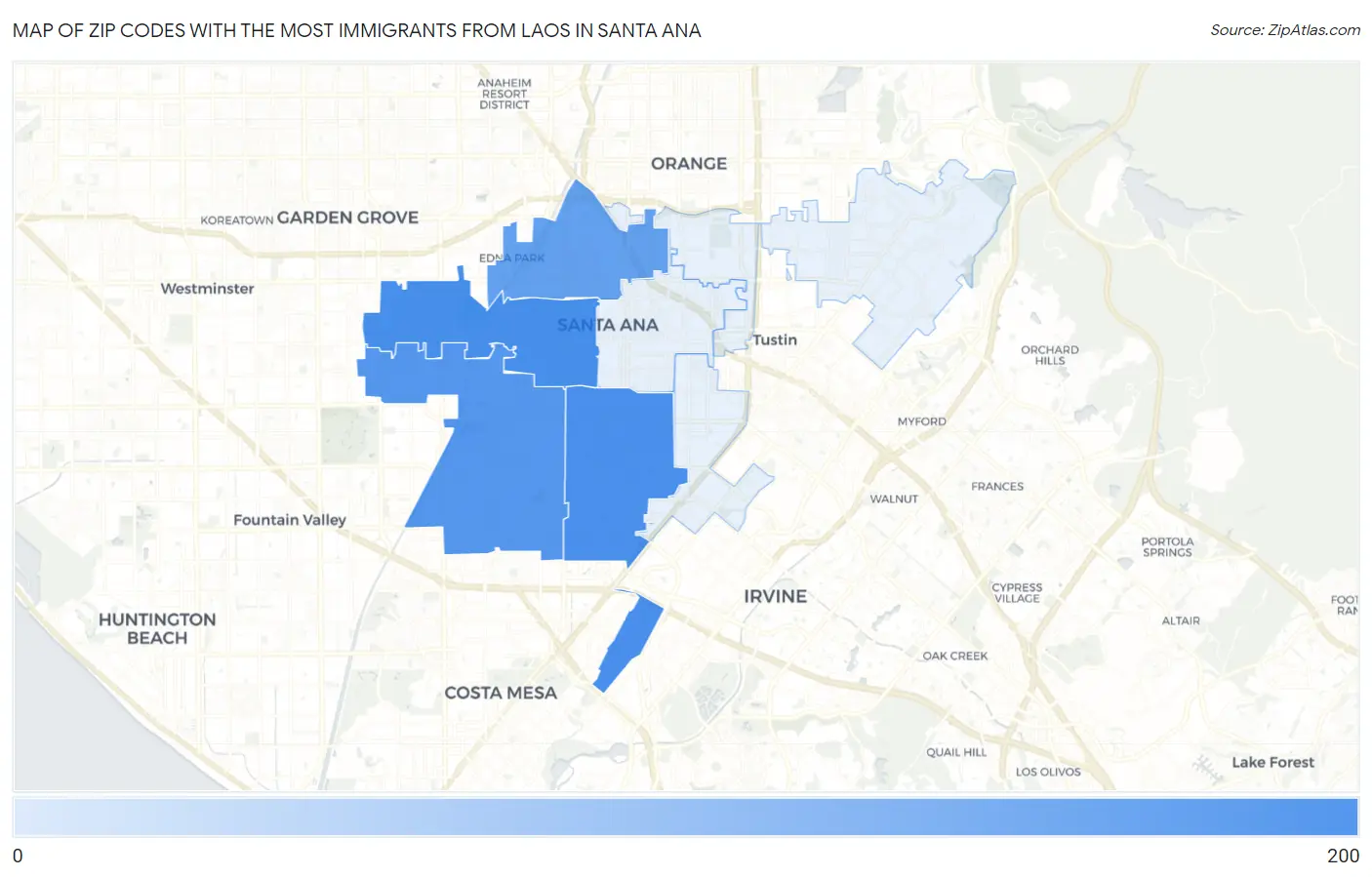 Zip Codes with the Most Immigrants from Laos in Santa Ana Map