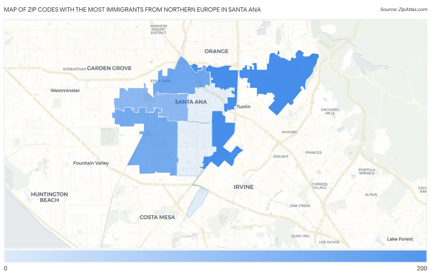 Zip Codes with the Most Immigrants from Northern Europe in Santa Ana Map