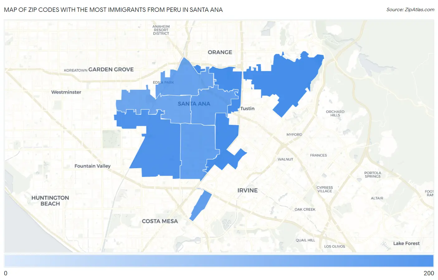 Zip Codes with the Most Immigrants from Peru in Santa Ana Map