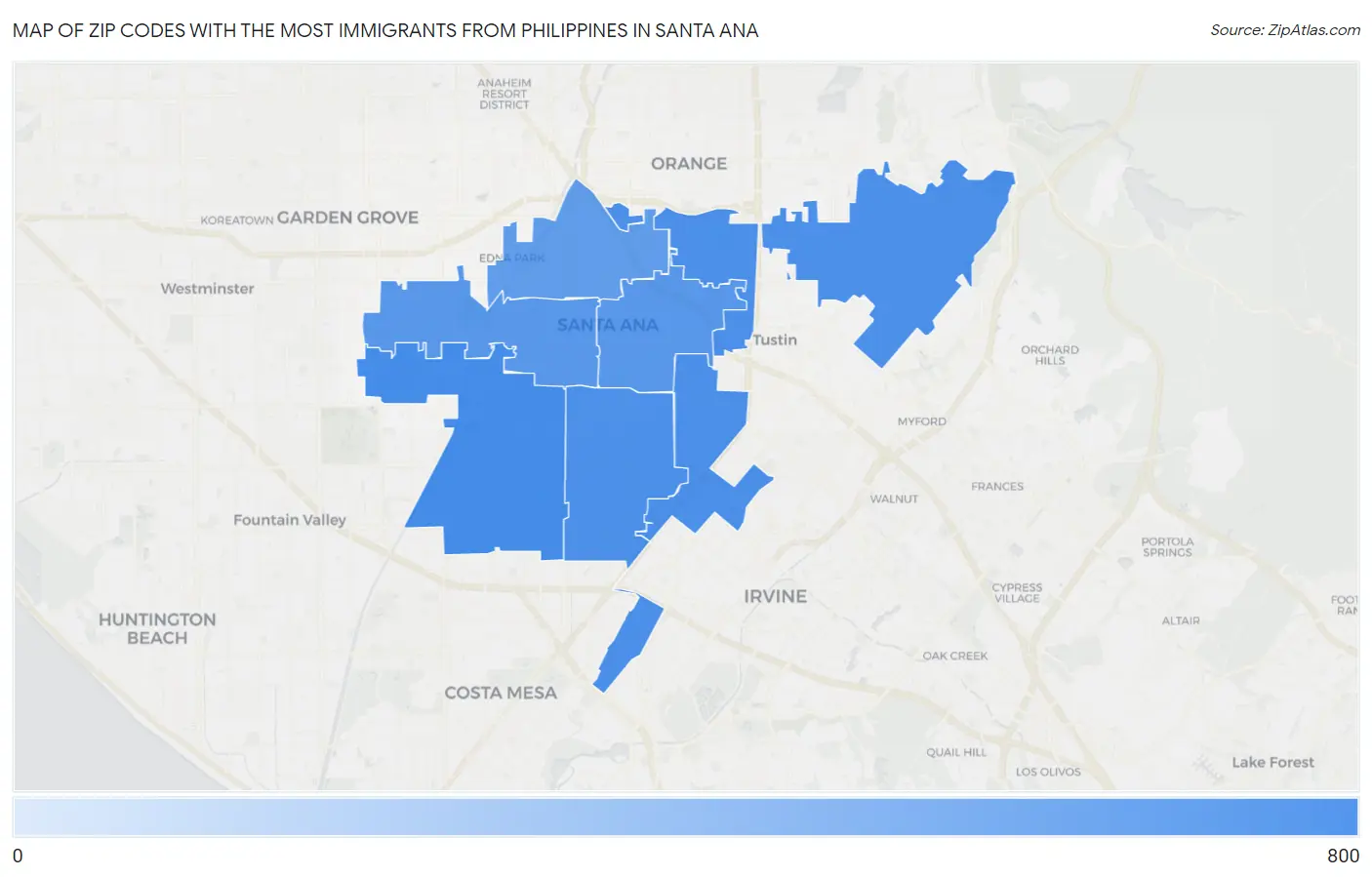 Zip Codes with the Most Immigrants from Philippines in Santa Ana Map