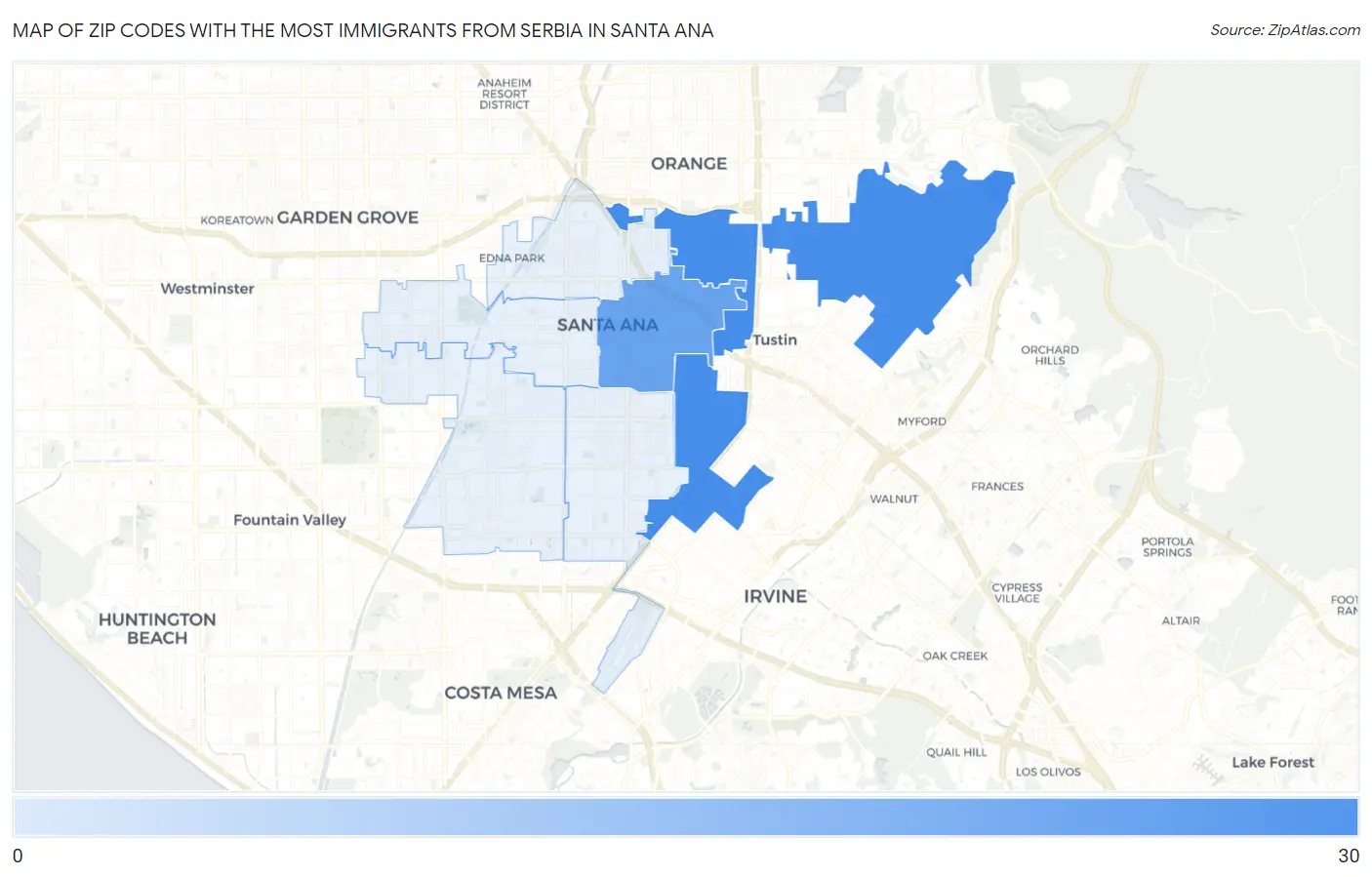 Zip Codes with the Most Immigrants from Serbia in Santa Ana Map