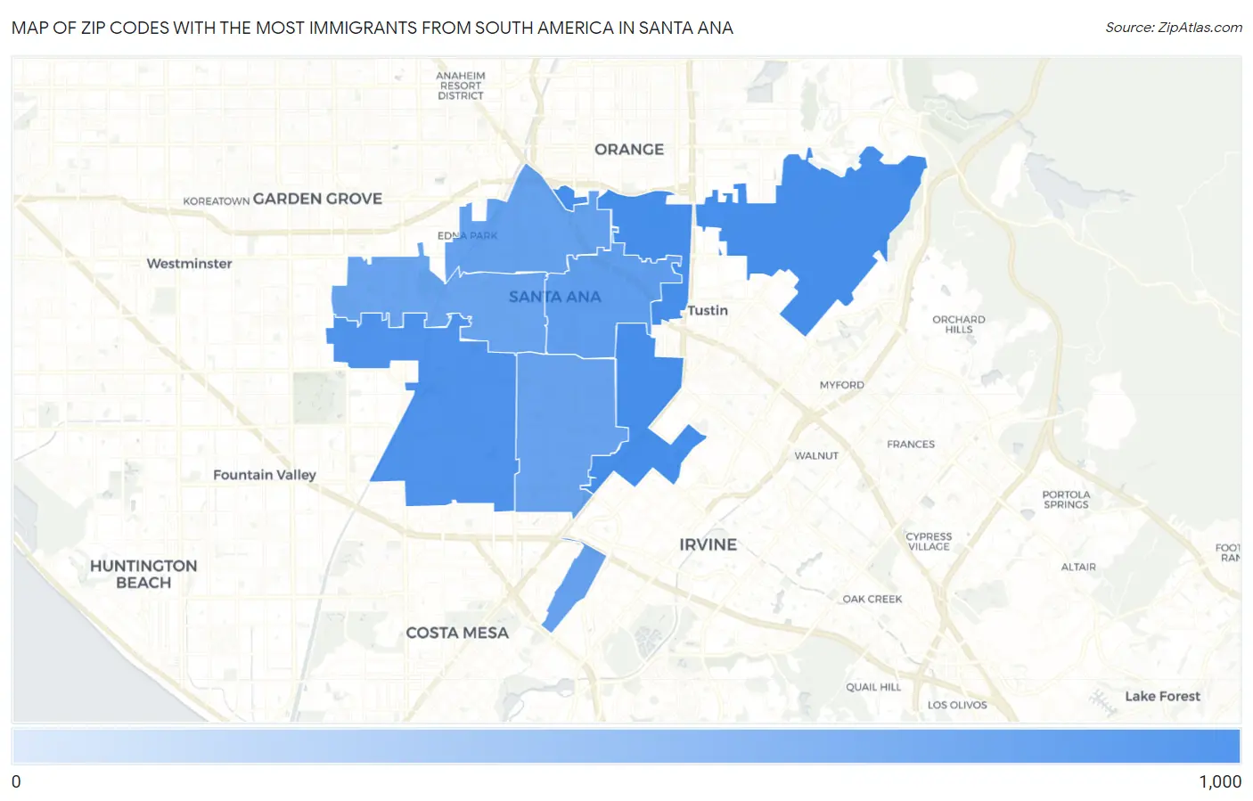 Zip Codes with the Most Immigrants from South America in Santa Ana Map