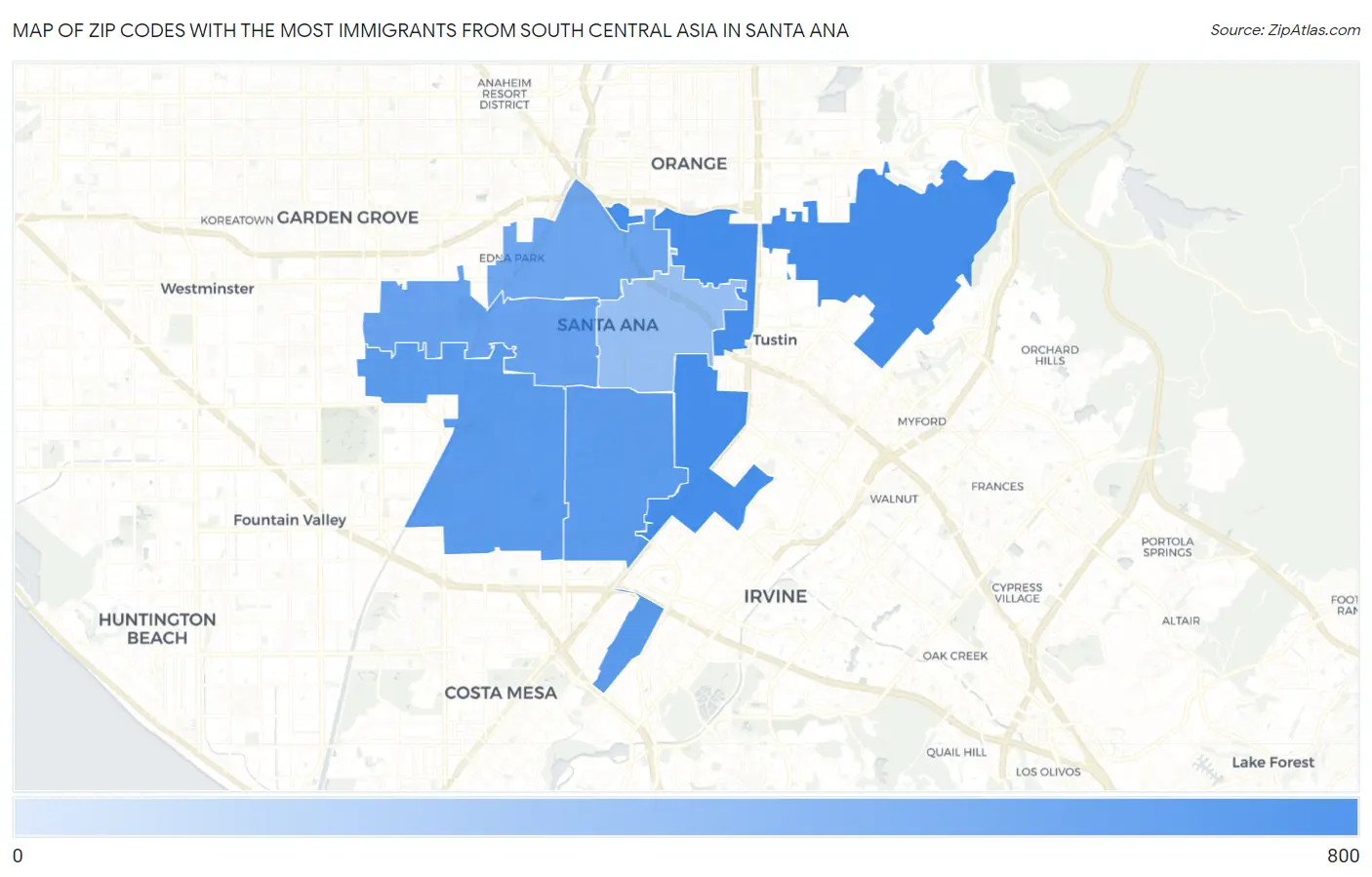 Zip Codes with the Most Immigrants from South Central Asia in Santa Ana Map
