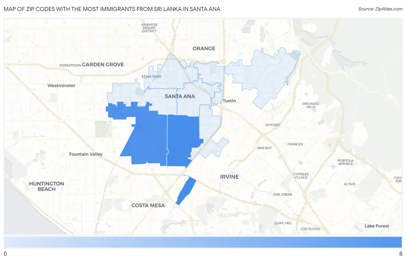 Zip Codes with the Most Immigrants from Sri Lanka in Santa Ana Map