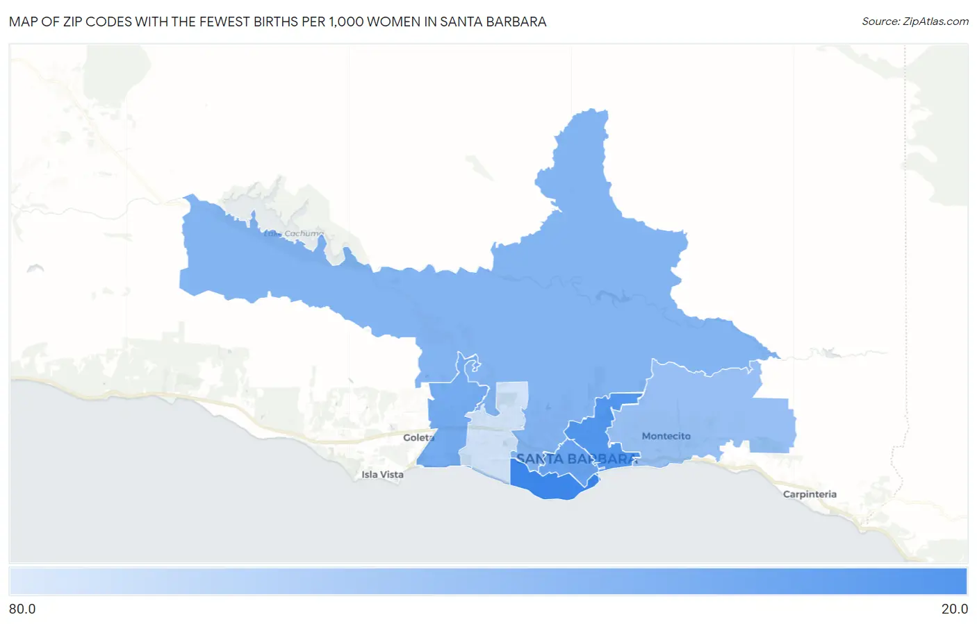 Zip Codes with the Fewest Births per 1,000 Women in Santa Barbara Map