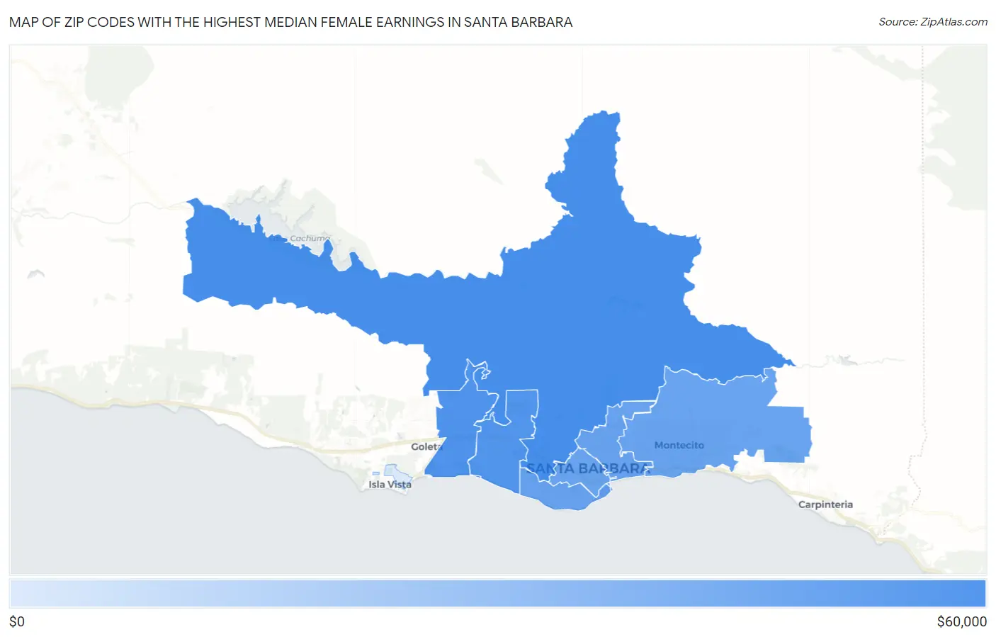 Zip Codes with the Highest Median Female Earnings in Santa Barbara Map