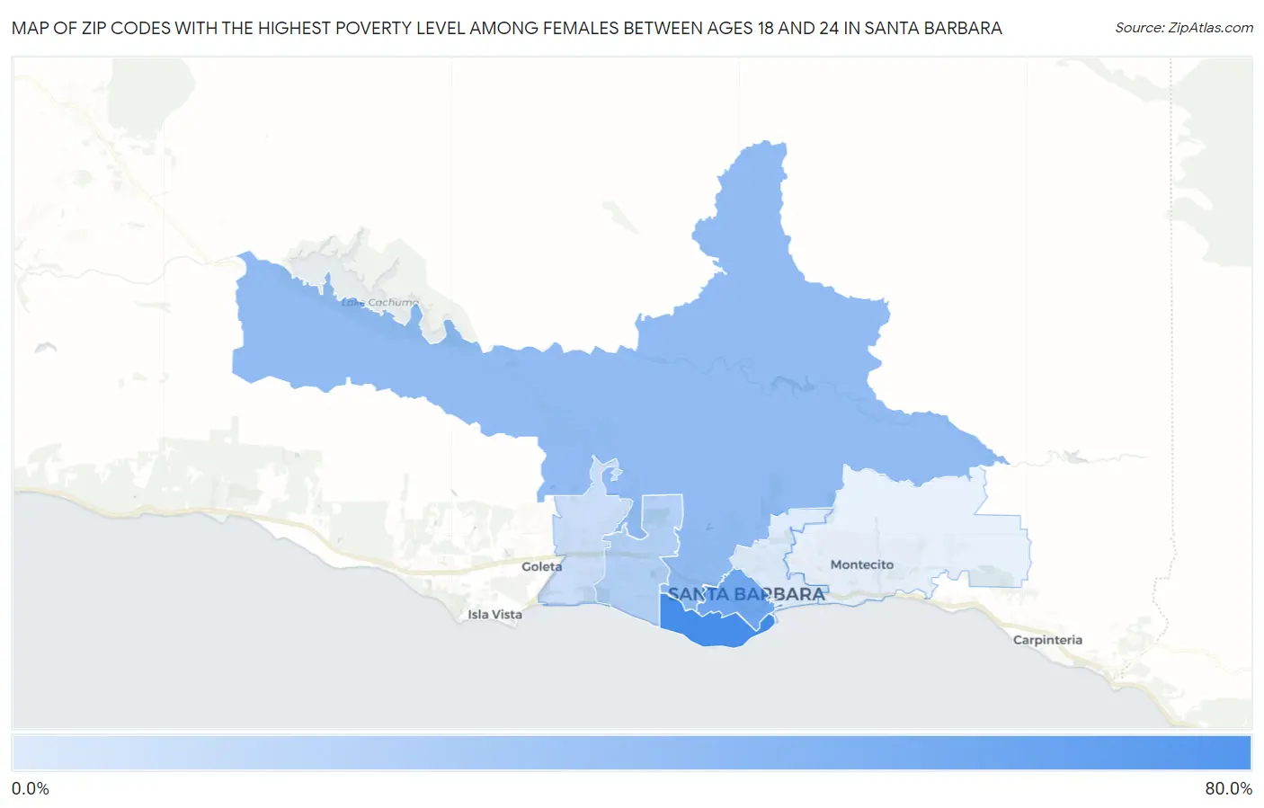 Zip Codes with the Highest Poverty Level Among Females Between Ages 18 and 24 in Santa Barbara Map