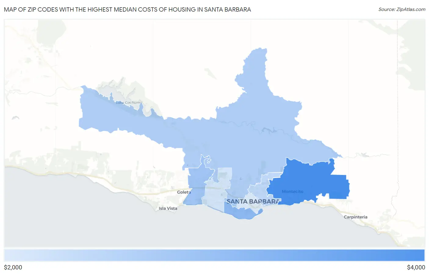 Zip Codes with the Highest Median Costs of Housing in Santa Barbara Map