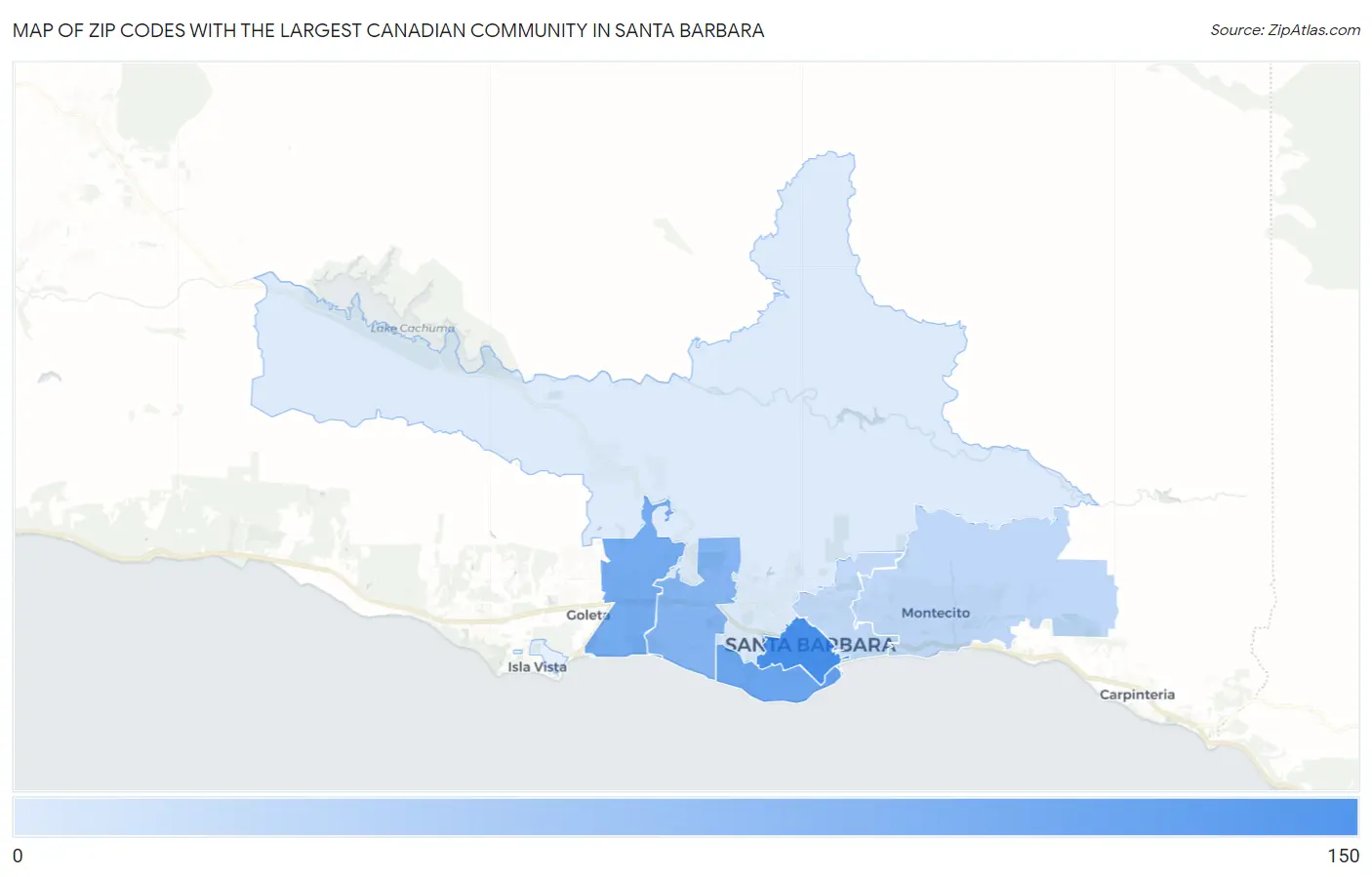 Zip Codes with the Largest Canadian Community in Santa Barbara Map