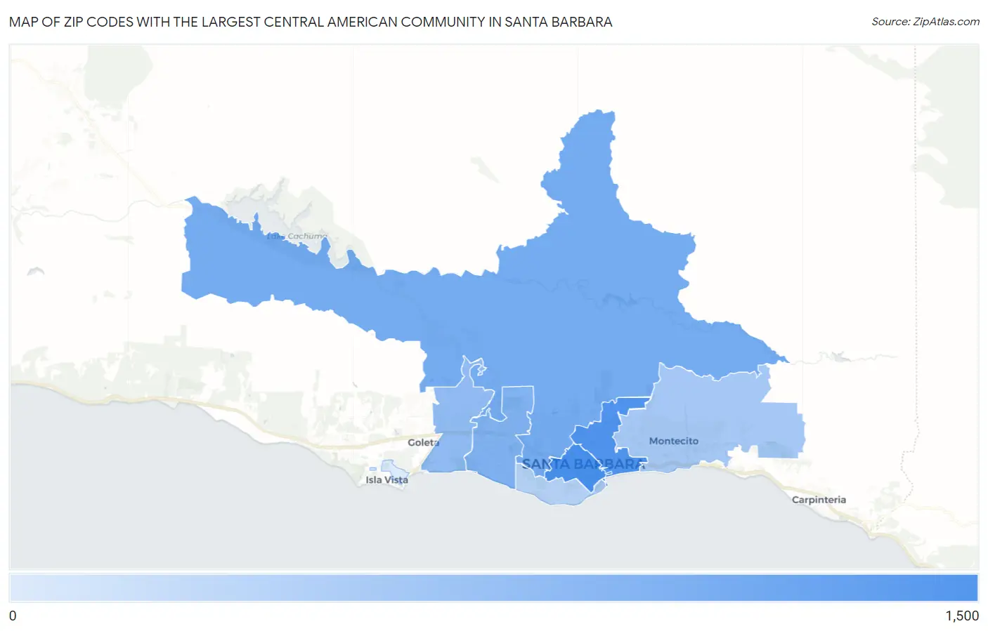 Zip Codes with the Largest Central American Community in Santa Barbara Map