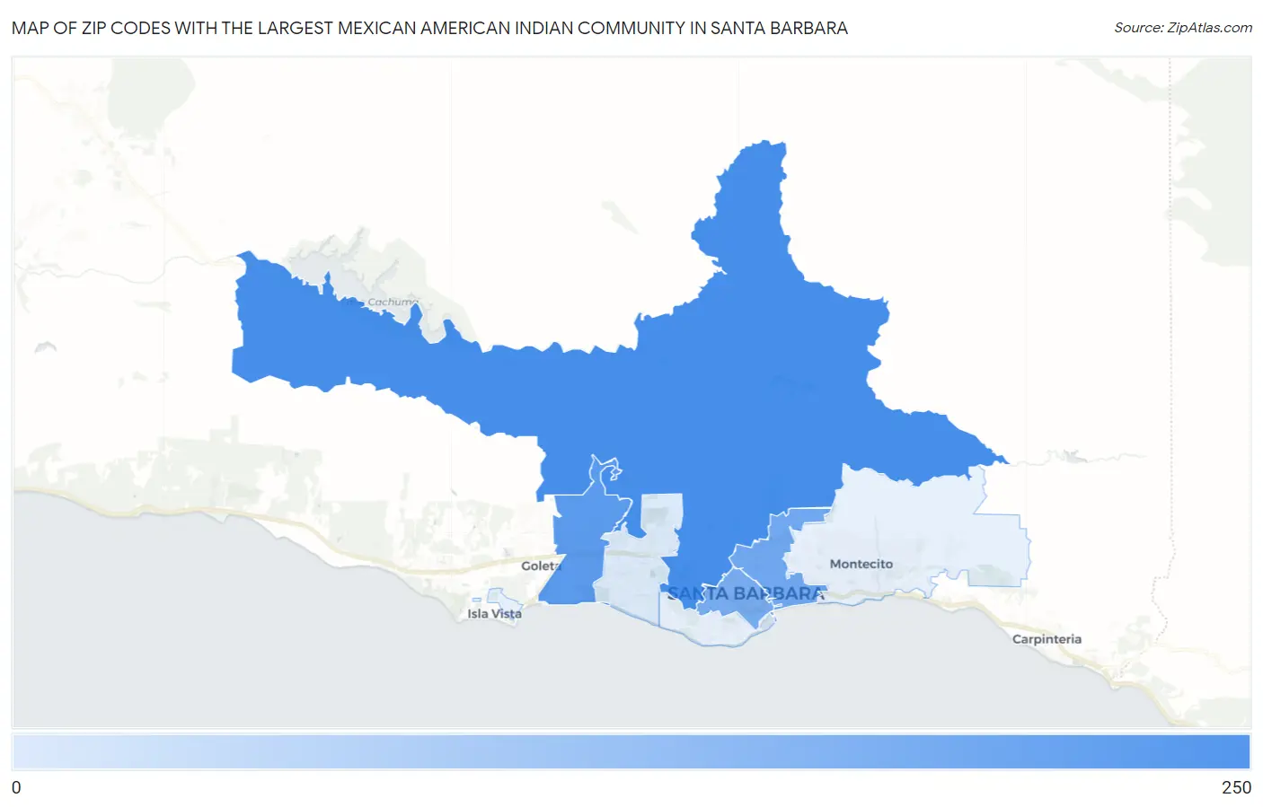 Zip Codes with the Largest Mexican American Indian Community in Santa Barbara Map