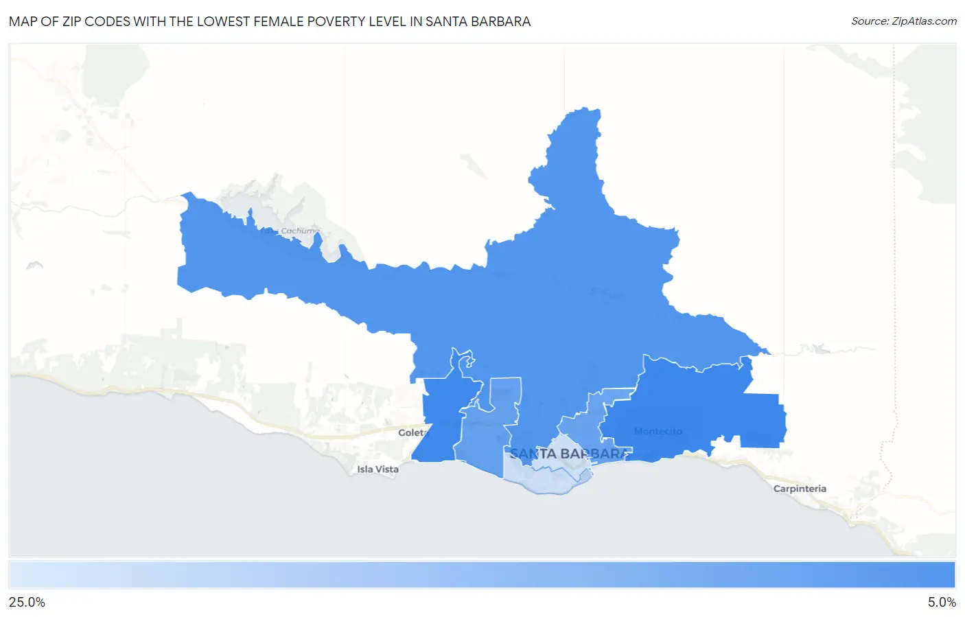 Zip Codes with the Lowest Female Poverty Level in Santa Barbara Map