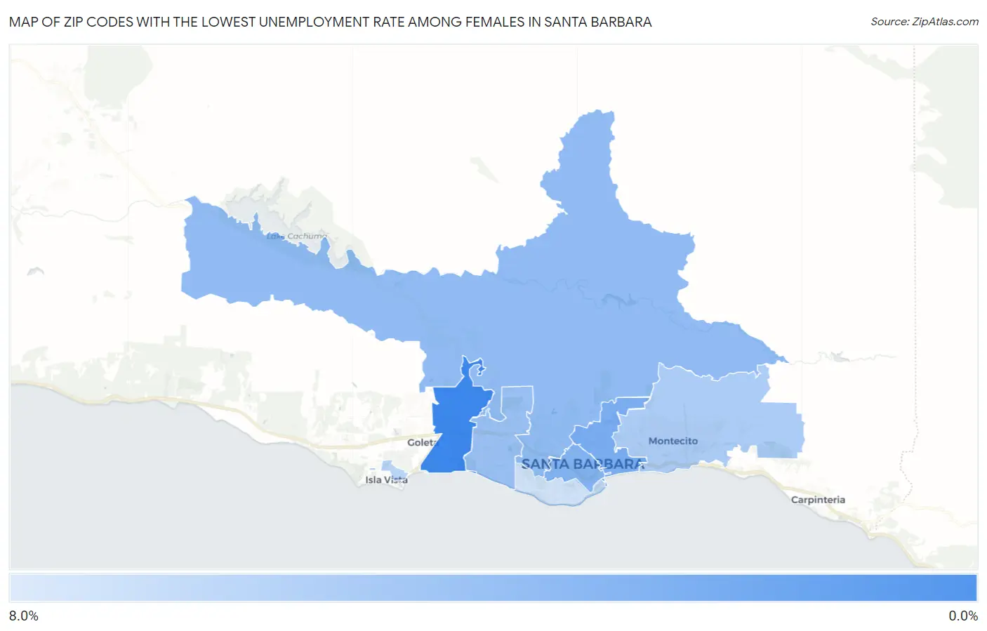 Zip Codes with the Lowest Unemployment Rate Among Females in Santa Barbara Map
