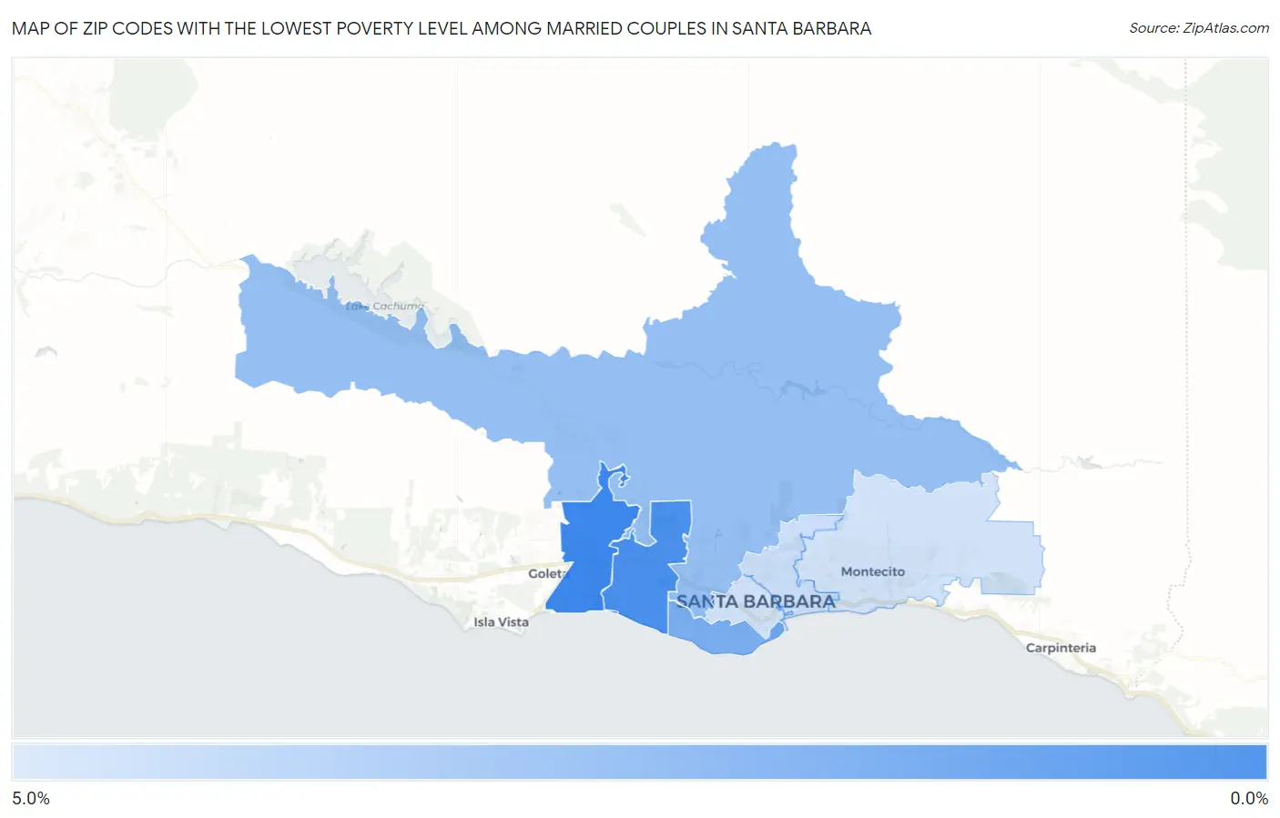 Zip Codes with the Lowest Poverty Level Among Married Couples in Santa Barbara Map
