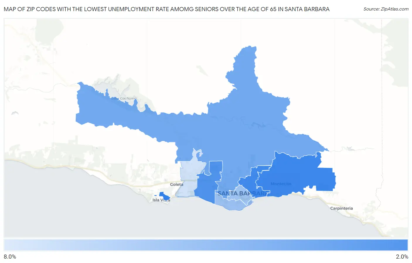 Zip Codes with the Lowest Unemployment Rate Amomg Seniors Over the Age of 65 in Santa Barbara Map