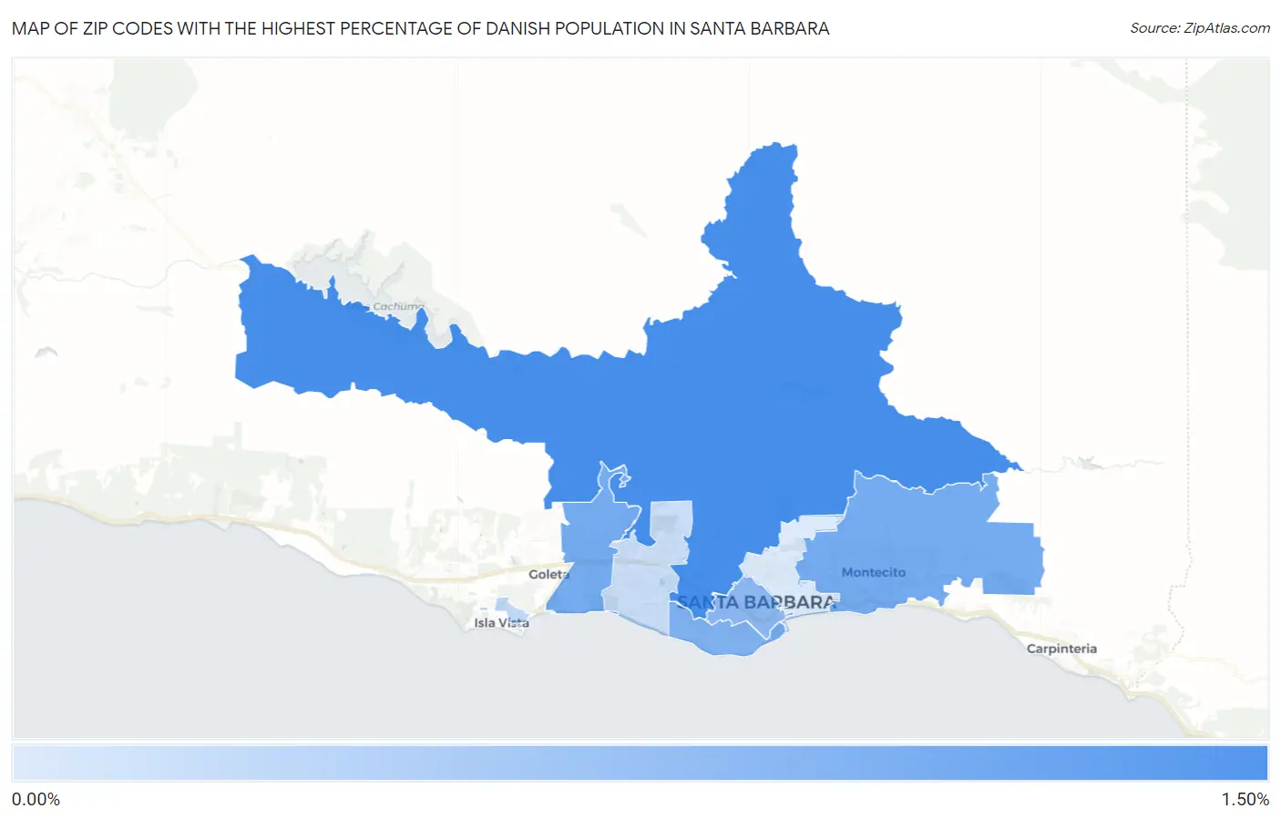 Zip Codes with the Highest Percentage of Danish Population in Santa Barbara Map