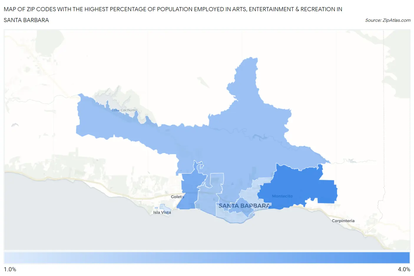 Zip Codes with the Highest Percentage of Population Employed in Arts, Entertainment & Recreation in Santa Barbara Map