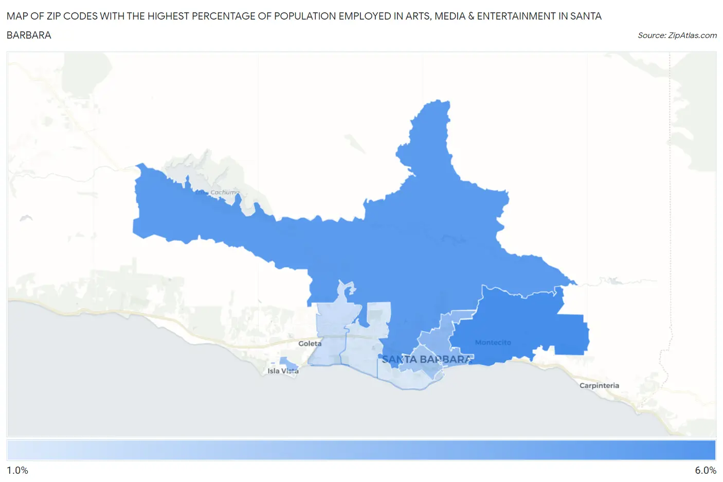 Zip Codes with the Highest Percentage of Population Employed in Arts, Media & Entertainment in Santa Barbara Map