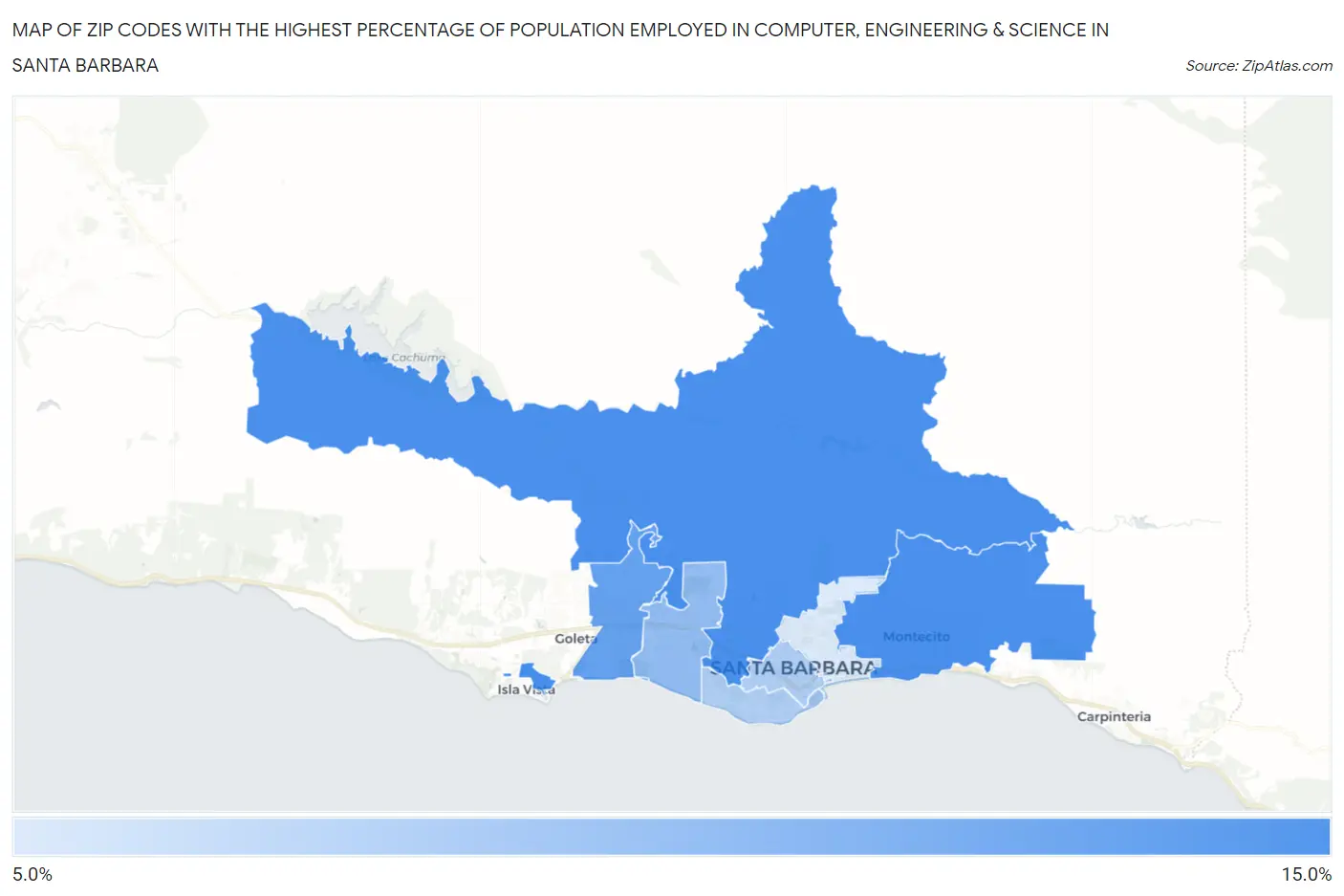 Zip Codes with the Highest Percentage of Population Employed in Computer, Engineering & Science in Santa Barbara Map