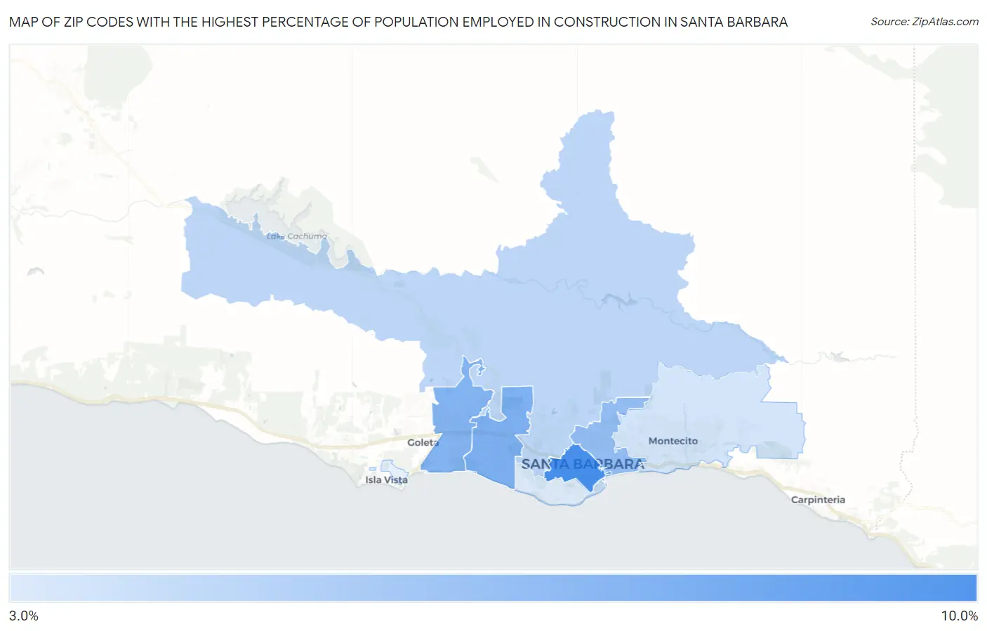 Zip Codes with the Highest Percentage of Population Employed in Construction in Santa Barbara Map
