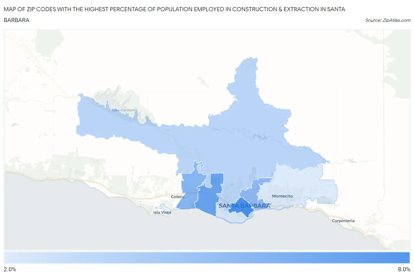 Zip Codes with the Highest Percentage of Population Employed in Construction & Extraction in Santa Barbara Map