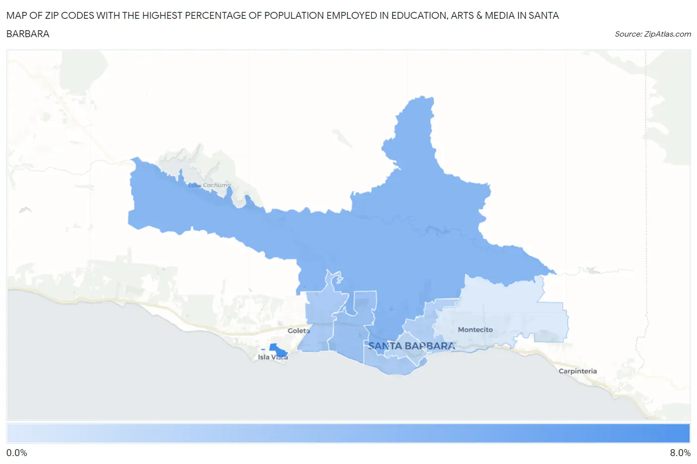 Zip Codes with the Highest Percentage of Population Employed in Education, Arts & Media in Santa Barbara Map