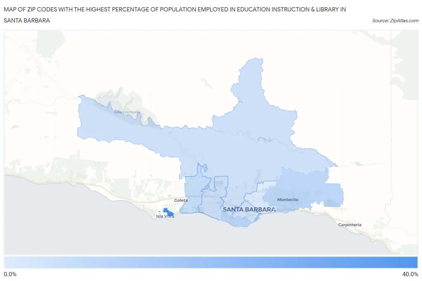 Zip Codes with the Highest Percentage of Population Employed in Education Instruction & Library in Santa Barbara Map