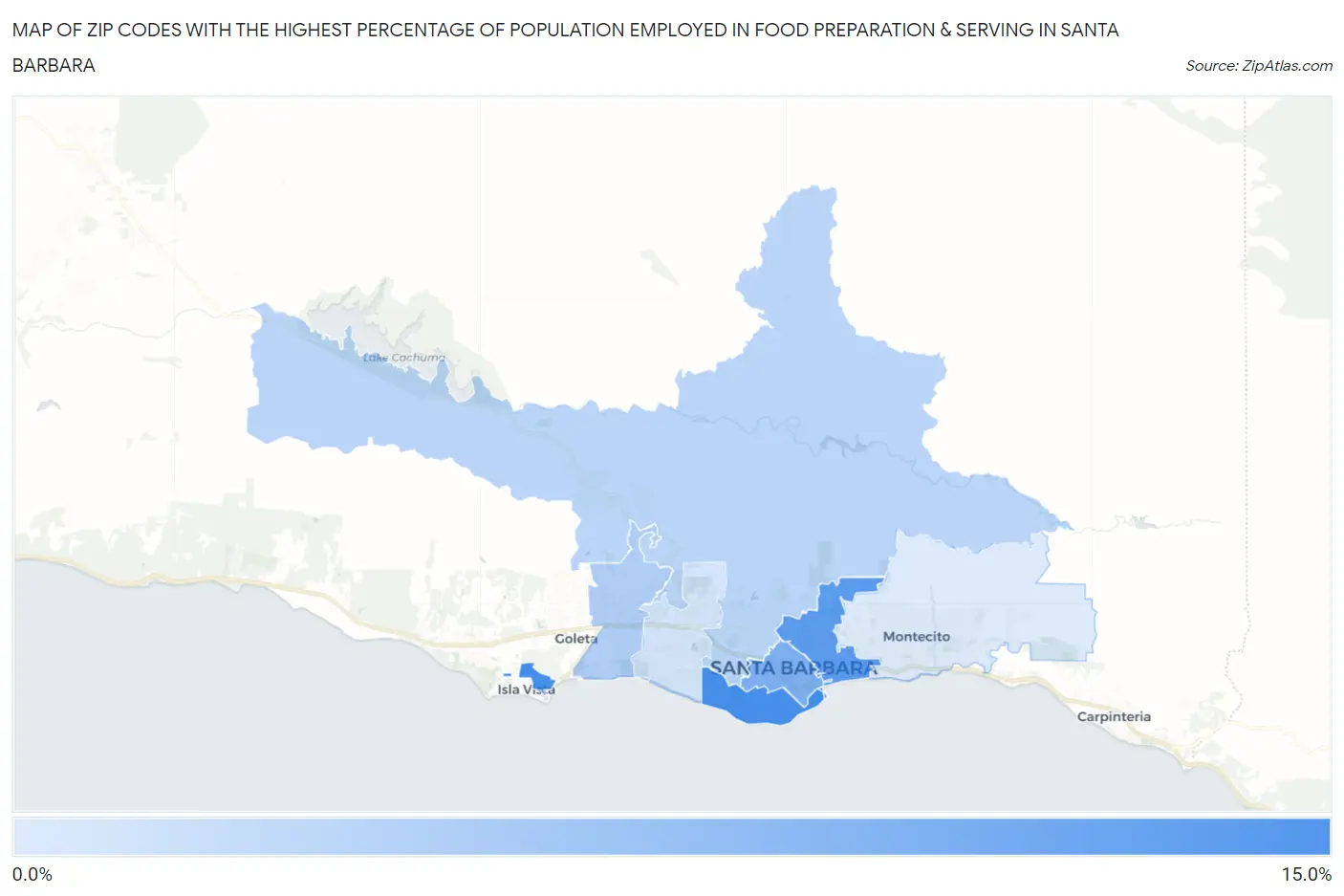 Zip Codes with the Highest Percentage of Population Employed in Food Preparation & Serving in Santa Barbara Map