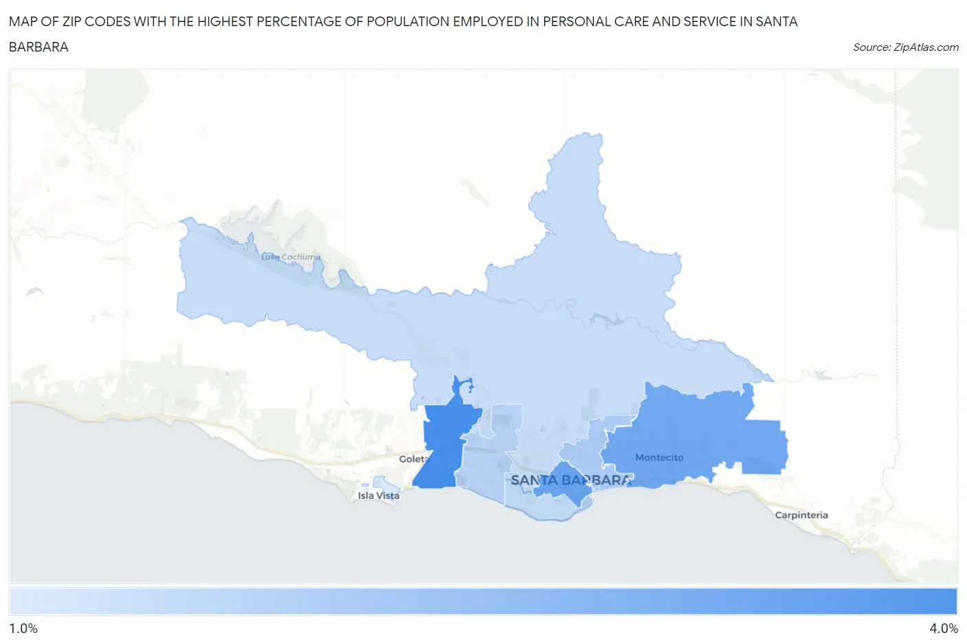 Zip Codes with the Highest Percentage of Population Employed in Personal Care and Service in Santa Barbara Map