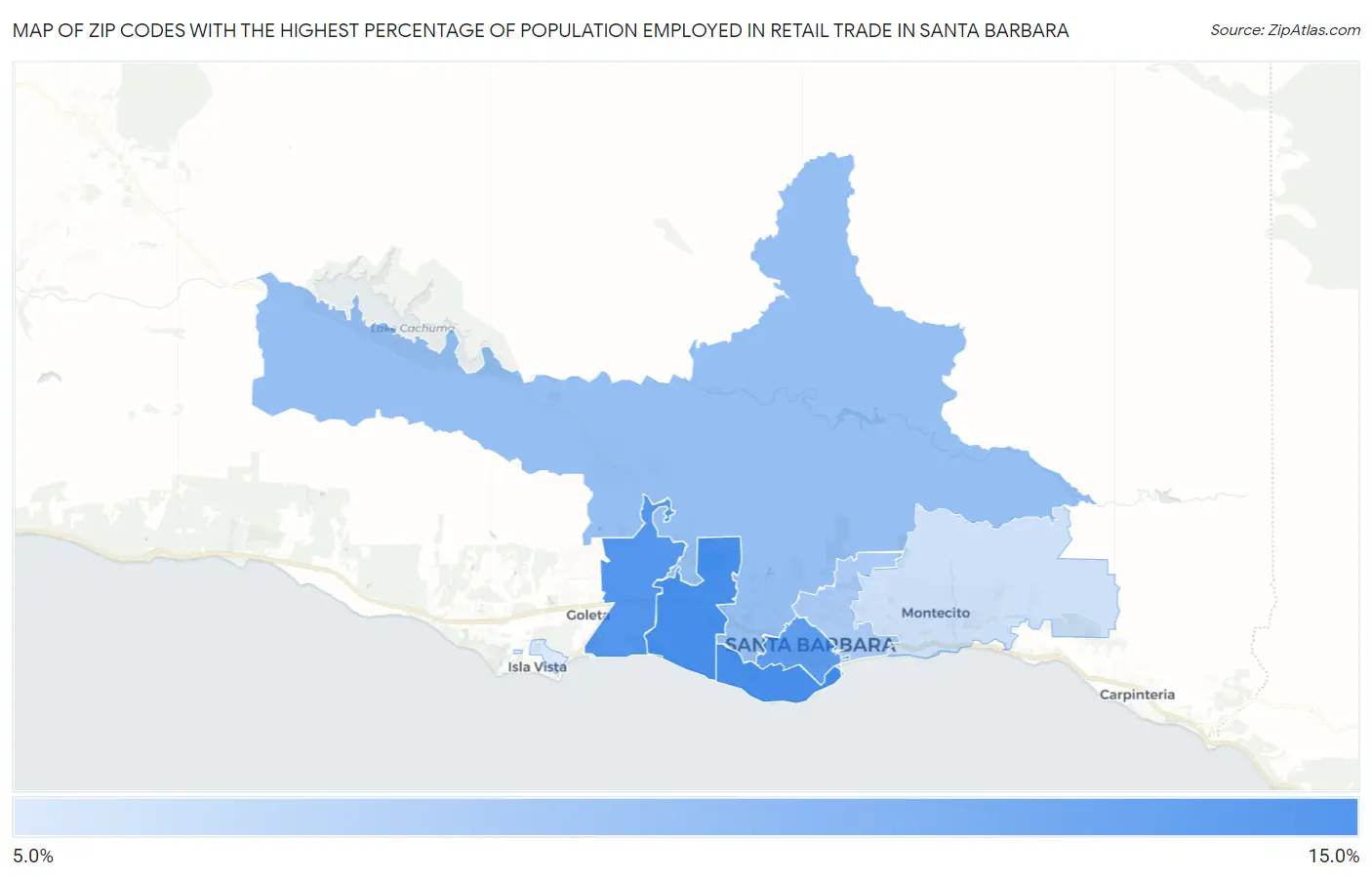 Zip Codes with the Highest Percentage of Population Employed in Retail Trade in Santa Barbara Map