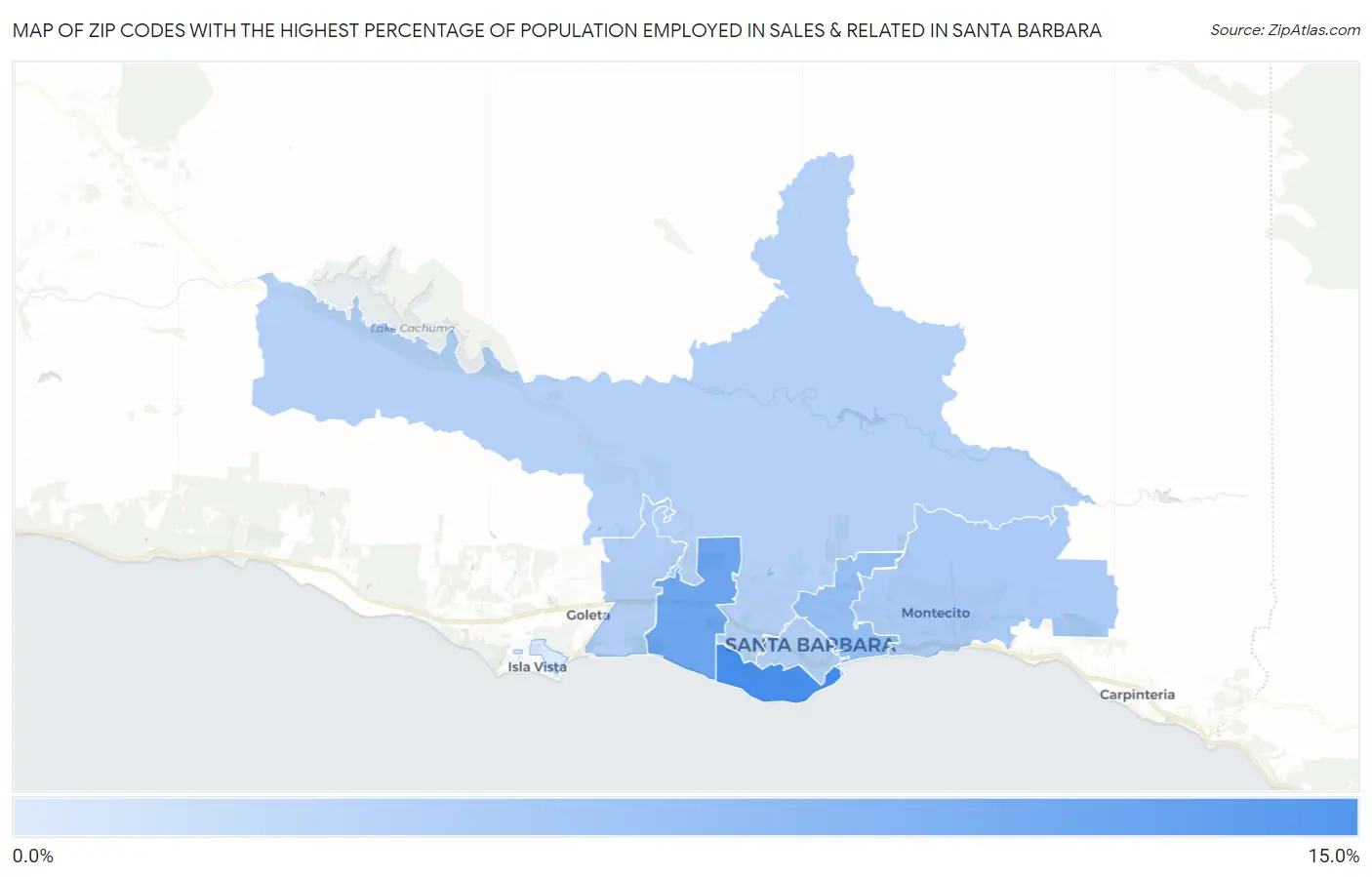 Zip Codes with the Highest Percentage of Population Employed in Sales & Related in Santa Barbara Map