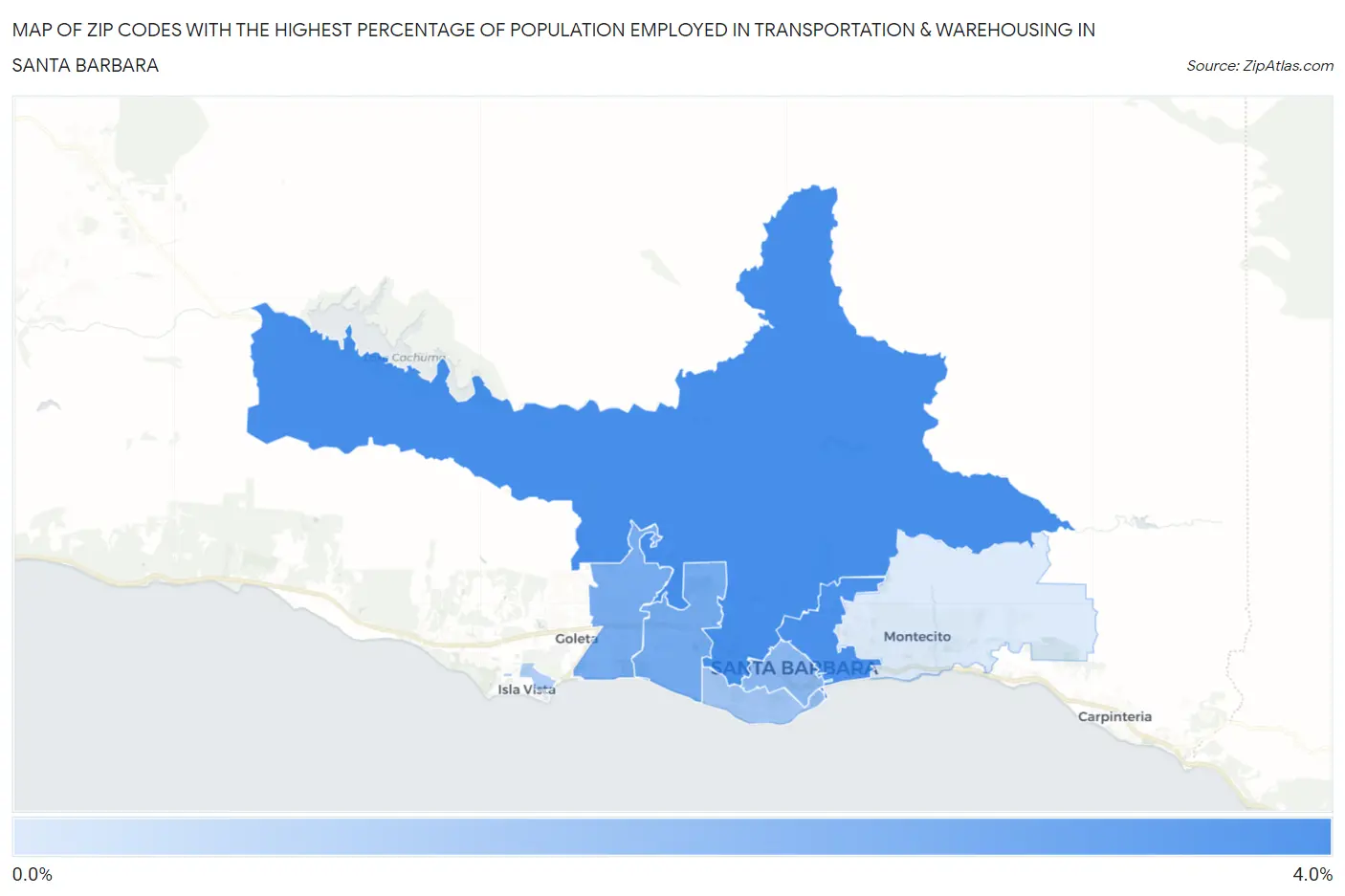 Zip Codes with the Highest Percentage of Population Employed in Transportation & Warehousing in Santa Barbara Map