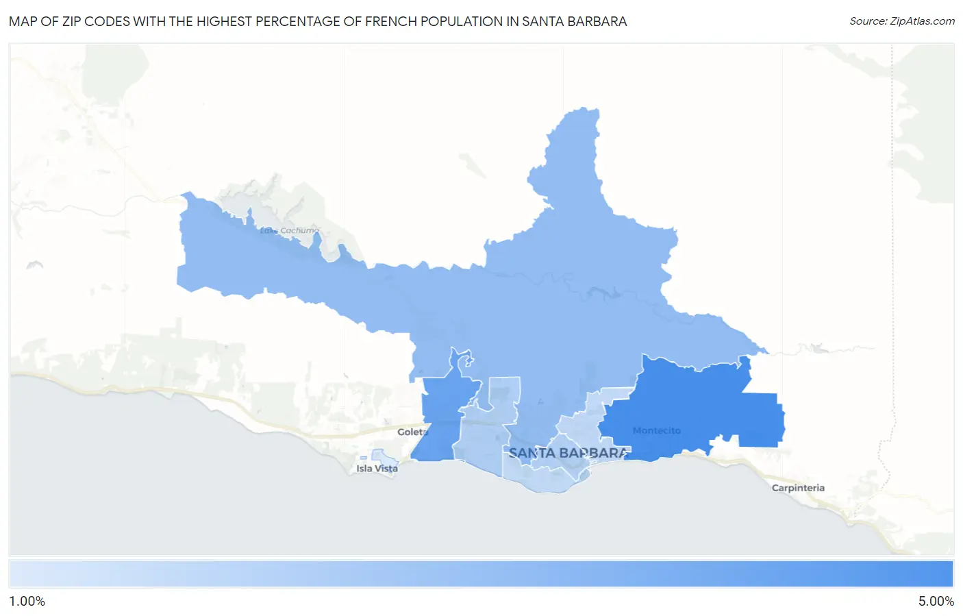 Zip Codes with the Highest Percentage of French Population in Santa Barbara Map