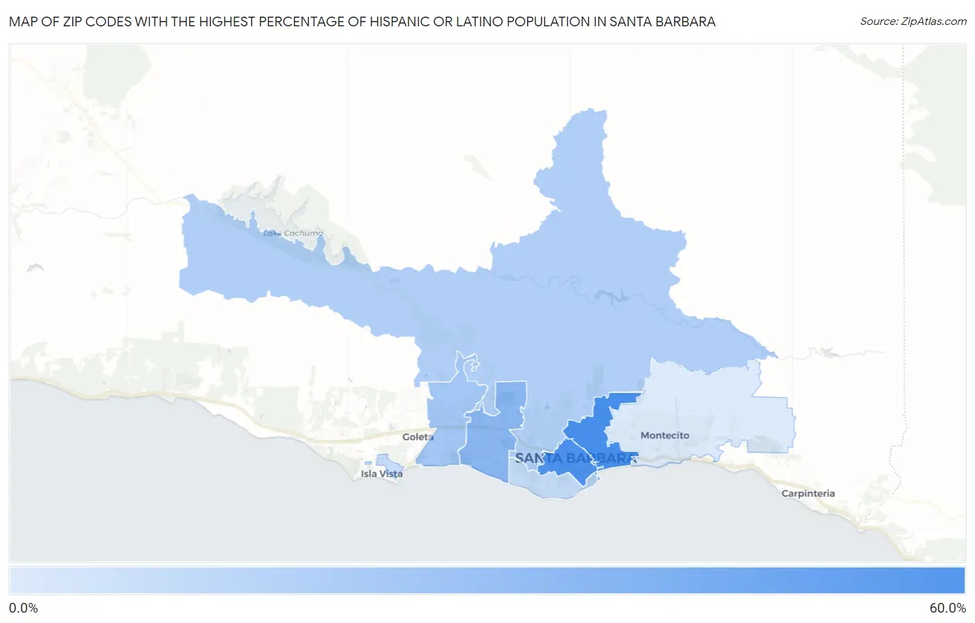 Zip Codes with the Highest Percentage of Hispanic or Latino Population in Santa Barbara Map