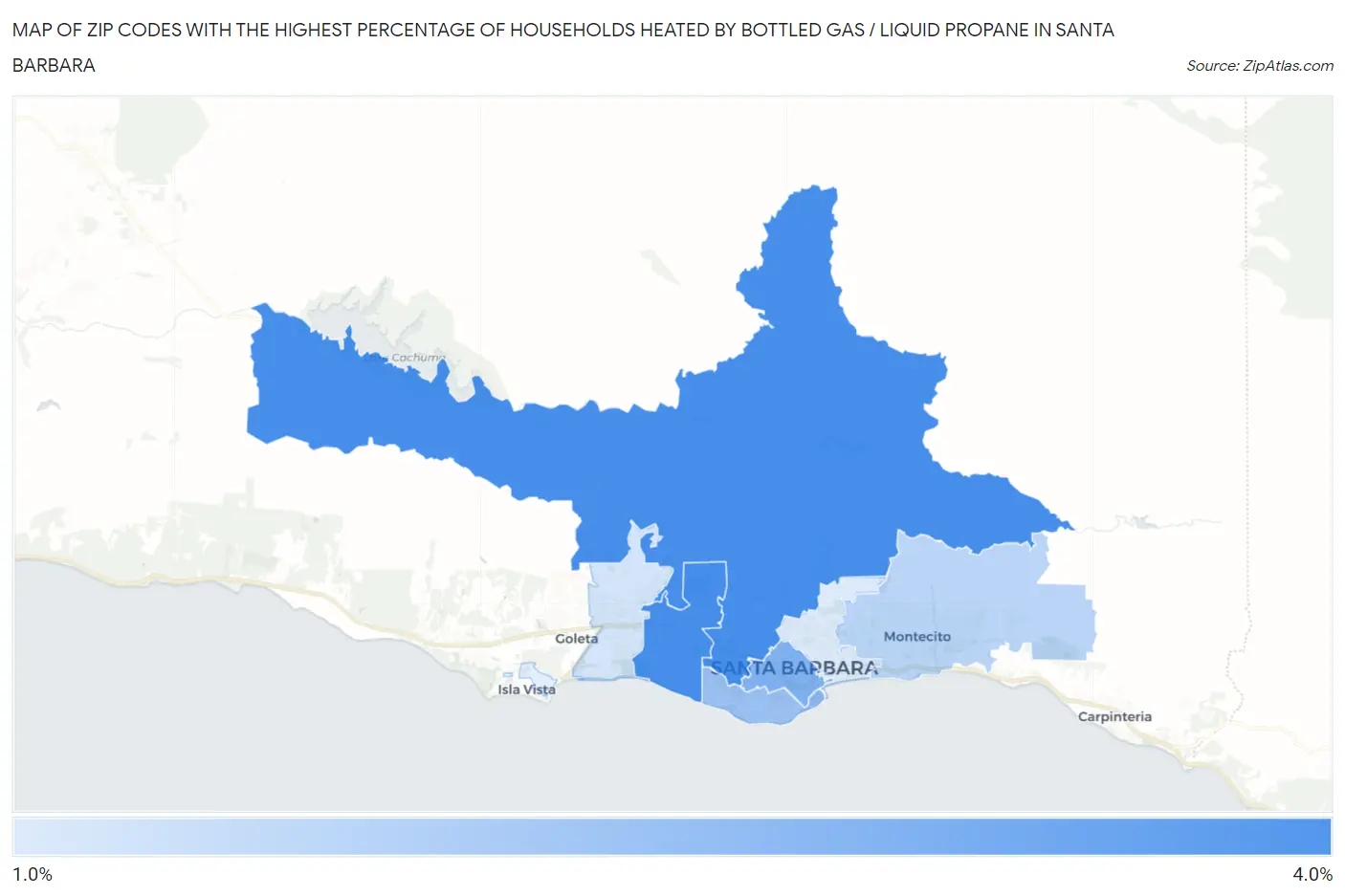 Zip Codes with the Highest Percentage of Households Heated by Bottled Gas / Liquid Propane in Santa Barbara Map