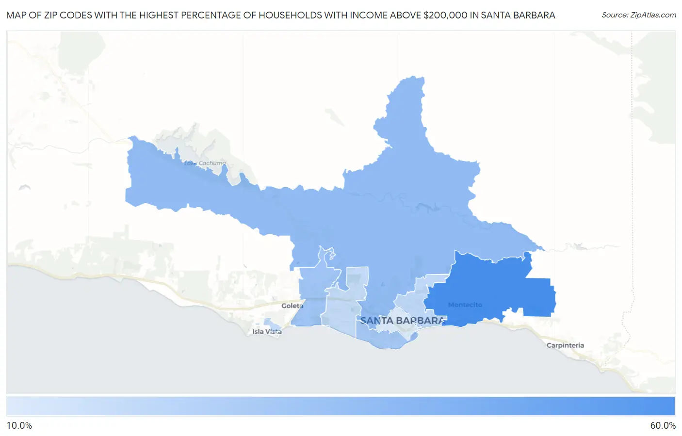 Zip Codes with the Highest Percentage of Households with Income Above $200,000 in Santa Barbara Map