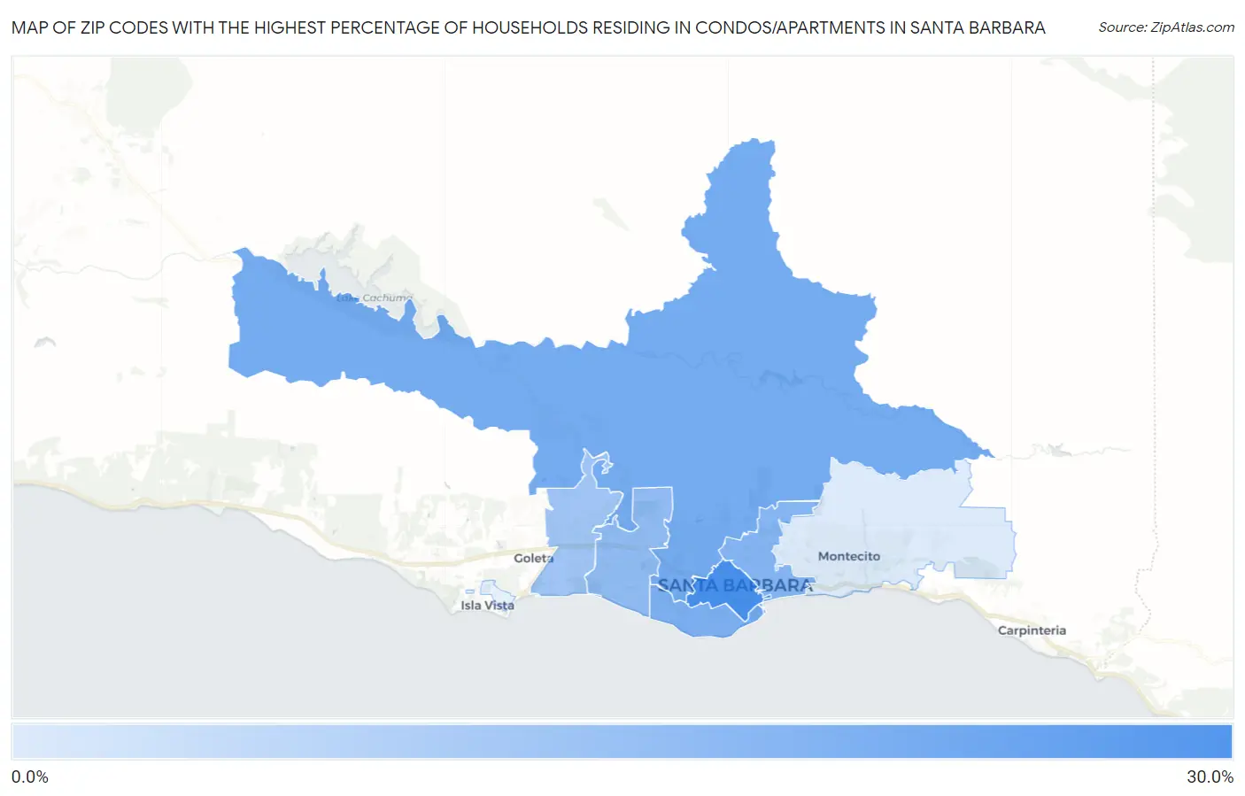 Zip Codes with the Highest Percentage of Households Residing in Condos/Apartments in Santa Barbara Map
