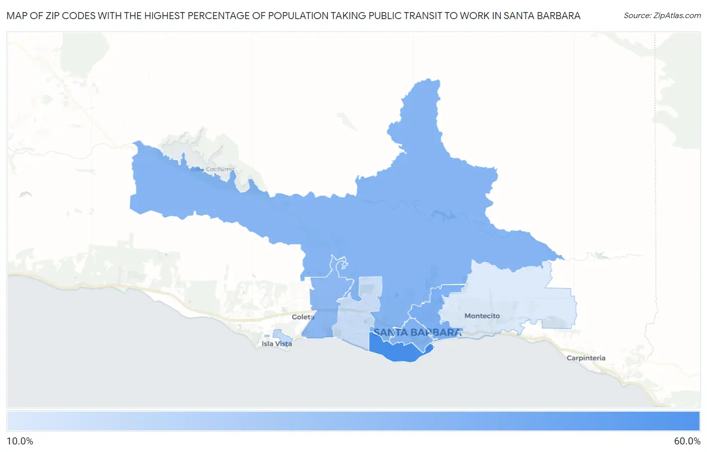 Zip Codes with the Highest Percentage of Population Taking Public Transit to Work in Santa Barbara Map