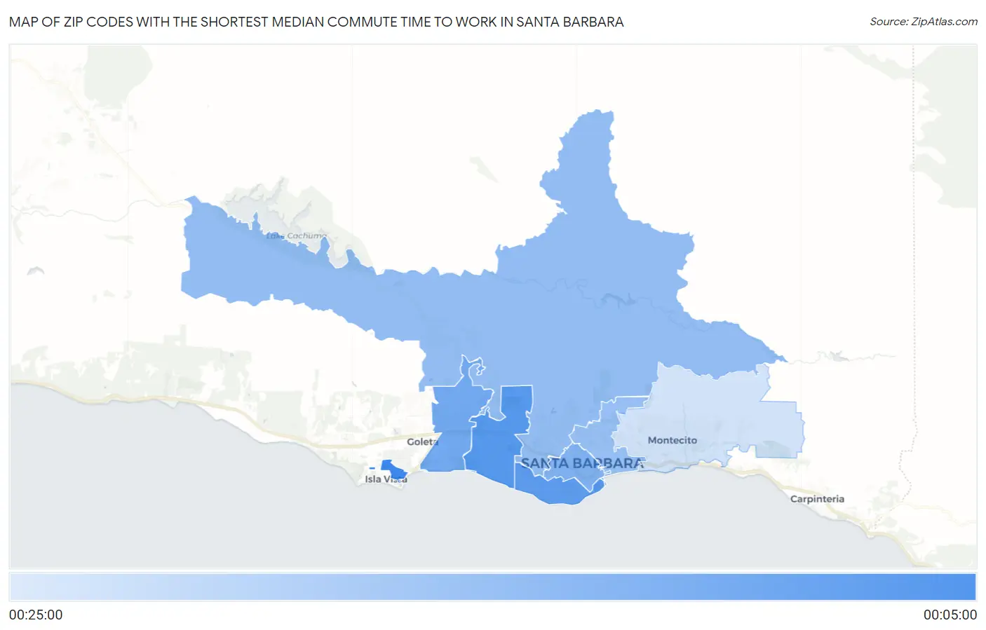 Zip Codes with the Shortest Median Commute Time to Work in Santa Barbara Map