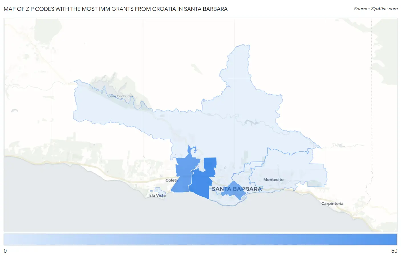 Zip Codes with the Most Immigrants from Croatia in Santa Barbara Map