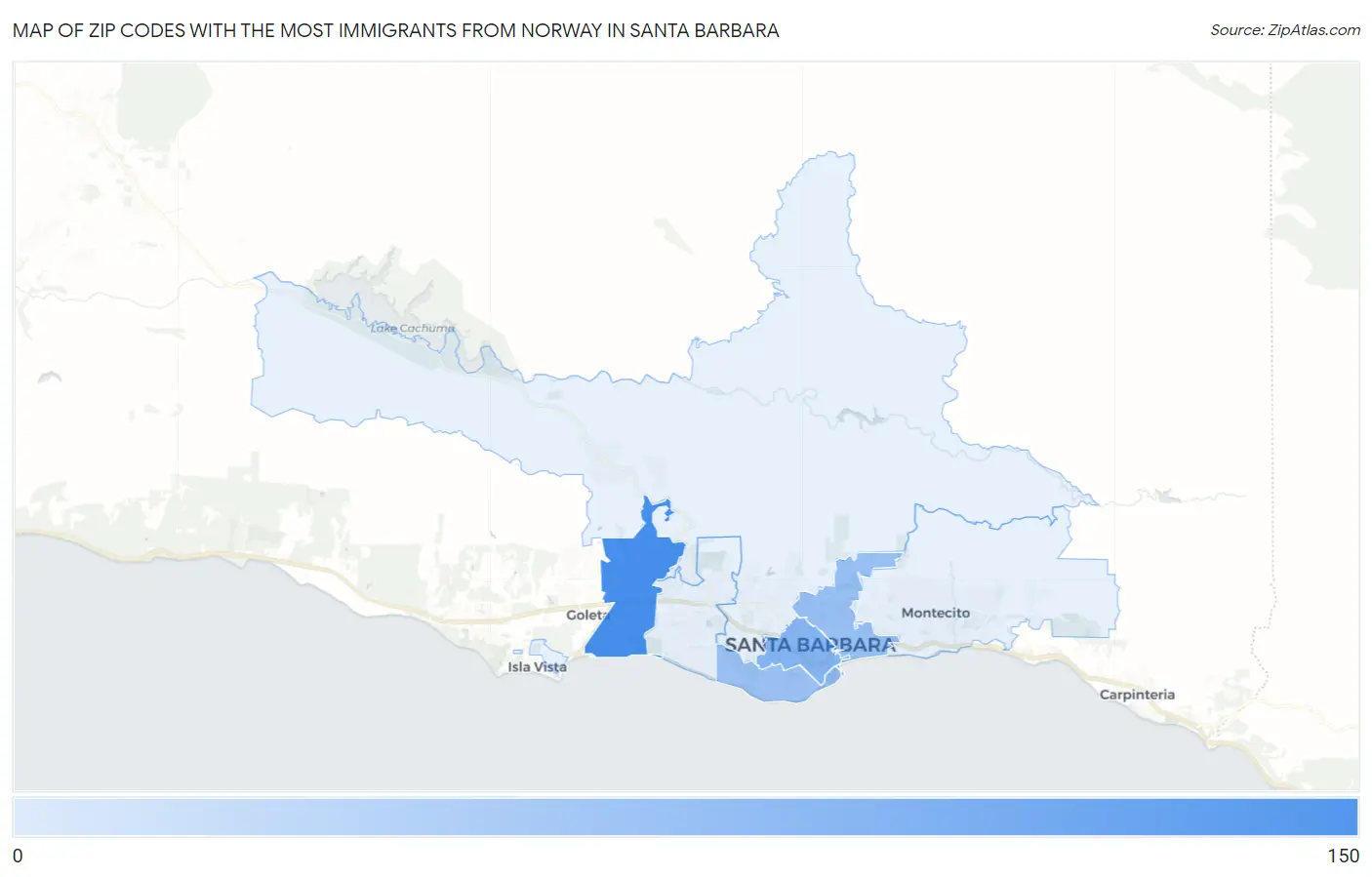 Zip Codes with the Most Immigrants from Norway in Santa Barbara Map