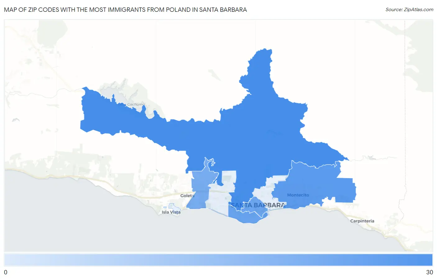 Zip Codes with the Most Immigrants from Poland in Santa Barbara Map