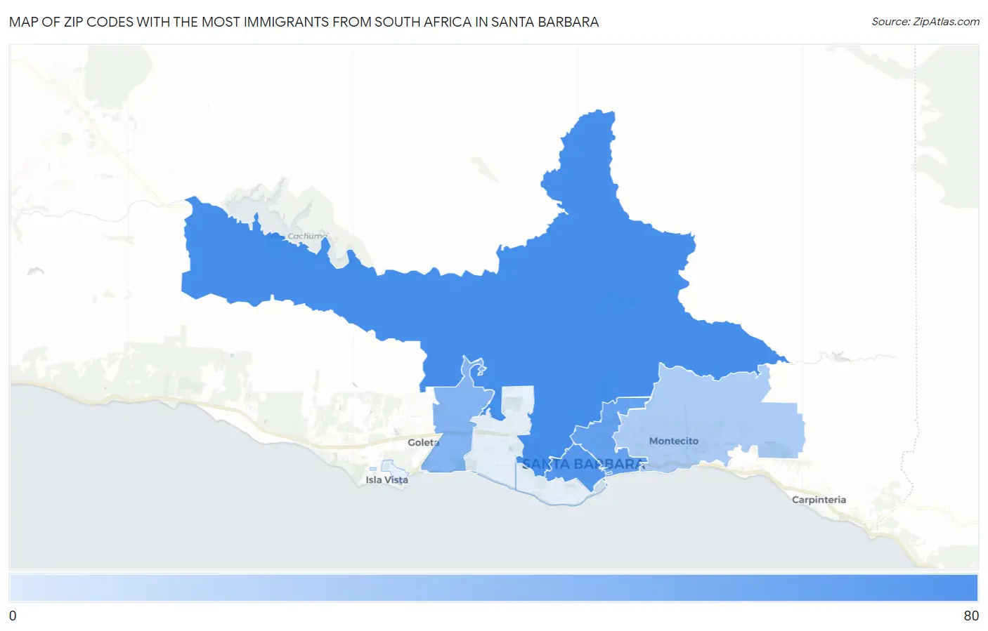 Zip Codes with the Most Immigrants from South Africa in Santa Barbara Map