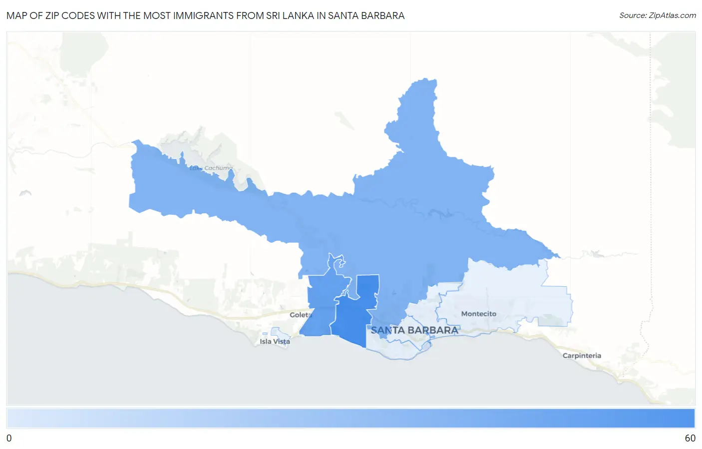 Zip Codes with the Most Immigrants from Sri Lanka in Santa Barbara Map