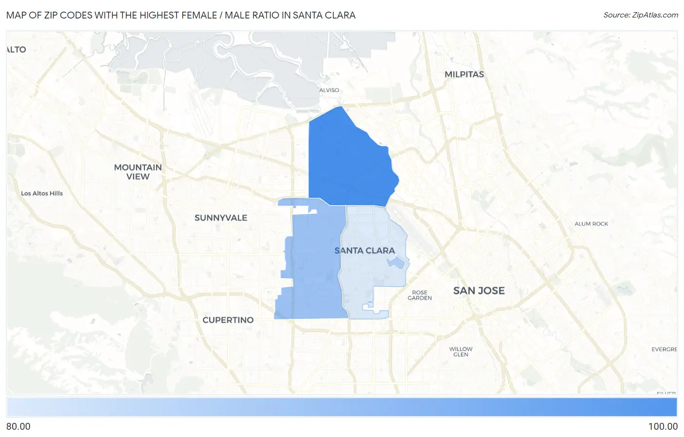 Zip Codes with the Highest Female / Male Ratio in Santa Clara Map