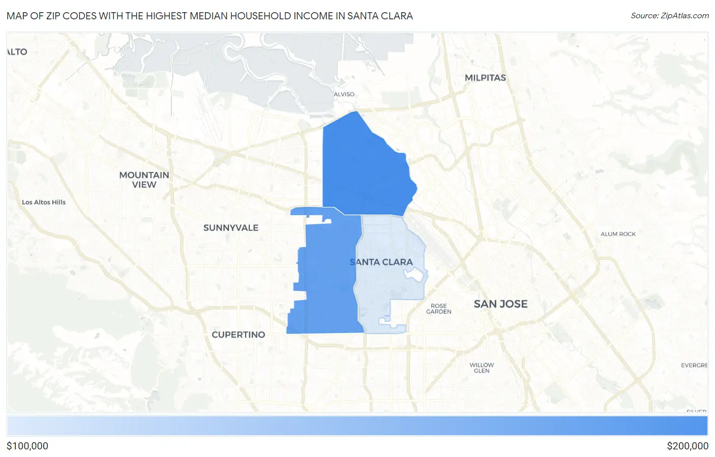 Zip Codes with the Highest Median Household Income in Santa Clara Map