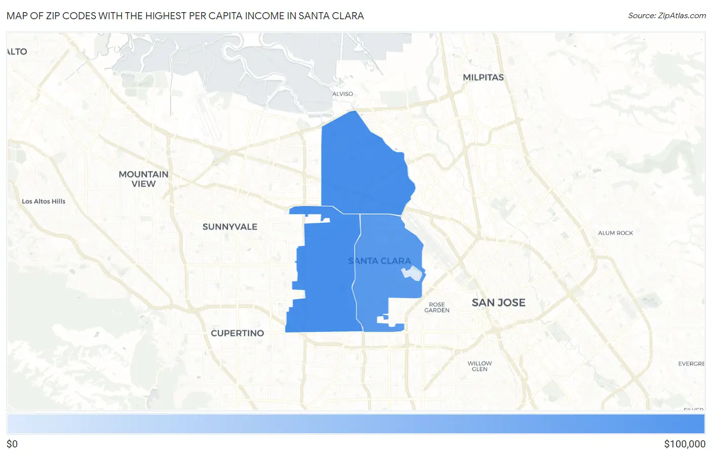 Zip Codes with the Highest Per Capita Income in Santa Clara Map