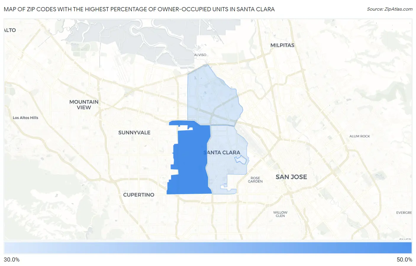Zip Codes with the Highest Percentage of Owner-Occupied Units in Santa Clara Map
